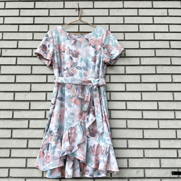 CALVIN KLEIN Plus Size 20W Floral Ruffle Hem Belted Fit Flare Dress Pastel Pink - Picture 1 of 10